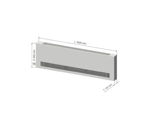 Radiátorový konvektor s rozmermi dĺžka 1500 mm, výška 450 mm a hĺbka 115 mm.