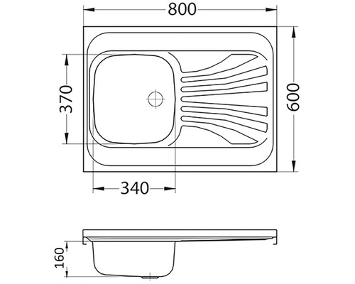 Technický nákres drezu s rozmermi.