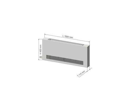 Podlahový konvektor s rozmermi dĺžka 1000 mm, výška 450 mm, hĺbka 115 mm.