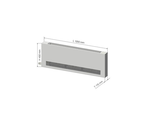 Konvektor s rozmermi dĺžka 1250 mm, výška 450 mm a hĺbka 115 mm.