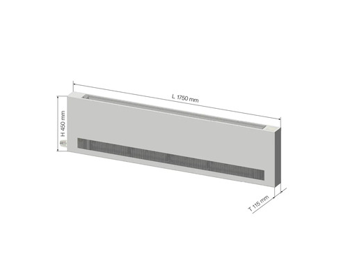 Konvektorový radiátor s rozmermi dĺžka 1750 mm, výška 450 mm a hĺbka 115 mm.