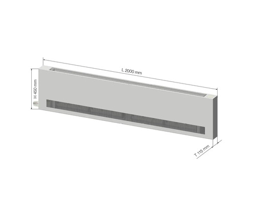 Podlahový konvektor s rozmermi 2000 mm dĺžka, 450 mm výška a 115 mm hĺbka.