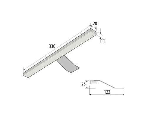 Technický nákres 330 milimetrov dlhého kovového uholníka s rozmermi 20 krát 11 milimetrov