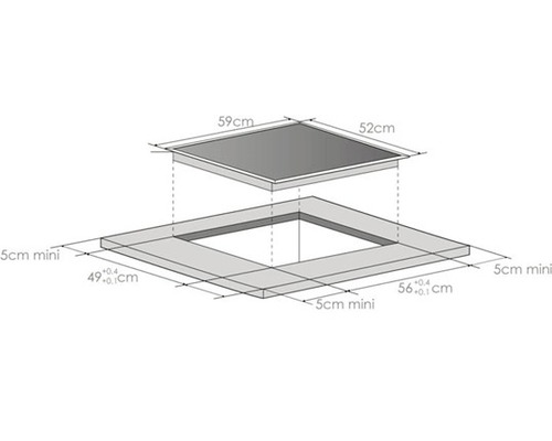 Rozmerový nákres produktu varnej dosky s rozmermi 59 x 52 centimetrov.