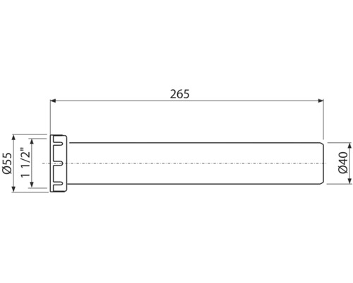 Technický nákres rúry s rozmermi 265 mm dĺžka, 55 mm a 40 mm priemer.