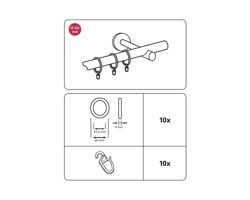 Technický nákres záclonových krúžkov s háčikmi a rozmermi