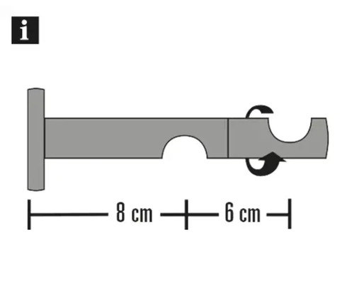 Nákres držiaka záclonovej tyče s rozmermi osem a šest centimetrov.