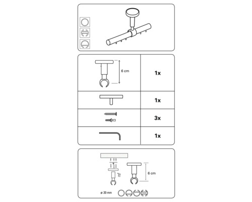 Výkres stropnej záclonovej tyče s príslušenstvom a rozmermi