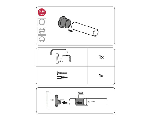 Montážny návod pre záclonovú tyč s priemerom 20 milimetrov.