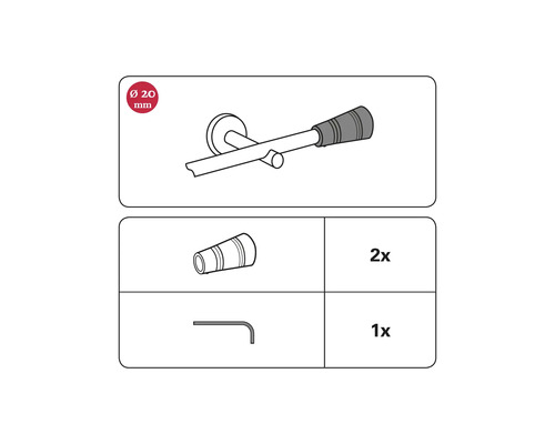 Nákres súpravy kúpeľňových doplnkov s priemerom 20 mm s dvoma hmoždinkami a imbusovým kľúčom