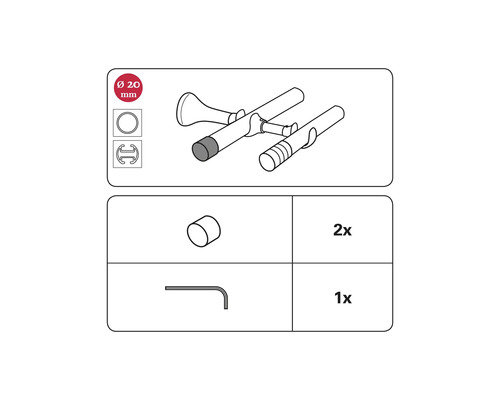 Nákres príslušenstva záclonovej tyče s priemerom 20 milimetrov a montážny návod