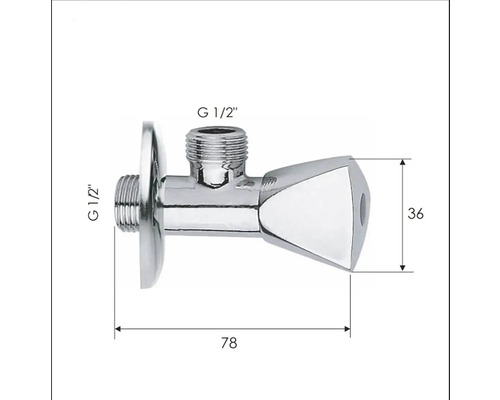 Rohový ventil s prípojkami G 1/2 palca a rozmermi