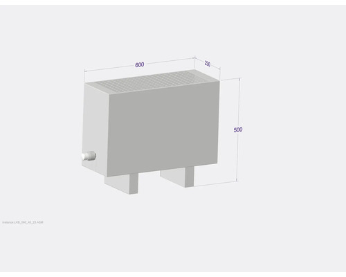 Obrázok ohrievača vody s rozmermi 600, 230 a 500 milimetrov.