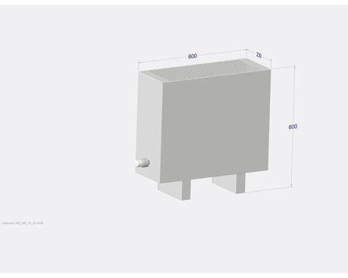 Radiátor s rozmermi 600 x 600 x 230 milimetrov.