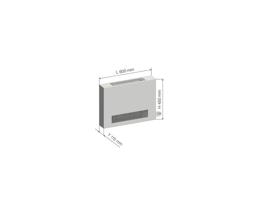 Radiátor s rozmermi 600 mm dĺžka, 450 mm výška a 115 mm hĺbka