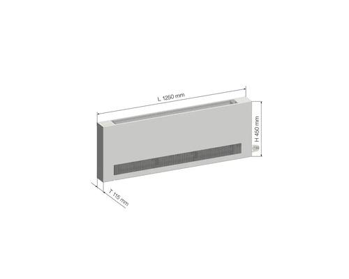 Konvektor s rozmermi dĺžka 1250 mm, výška 450 mm a hĺbka 115 mm.