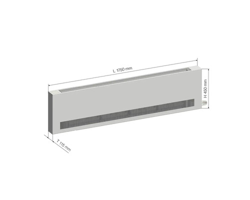 Konvektor radiátora s rozmermi dĺžka 1750 mm, výška 450 mm a hĺbka 115 mm.