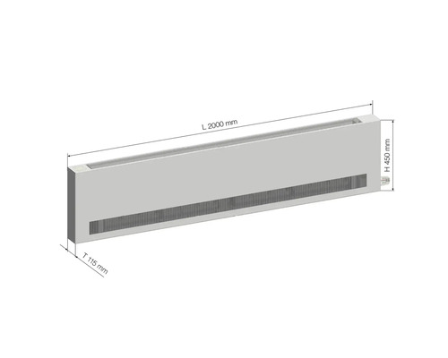 Podlahový konvektor s rozmermi dĺžka 2000 mm, výška 450 mm a hĺbka 115 mm.