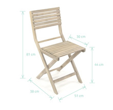 Skladacia drevená stolička s rozmermi 81 cm výška, 30 cm šírka, 44 cm výška sedadla, 38 cm hĺbka a 51 cm základňa