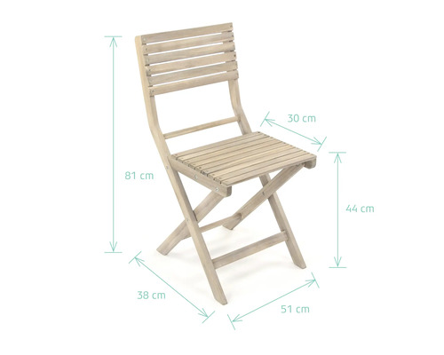 Skladacia drevená stolička s rozmermi 81 cm výška, 30 cm šírka, 44 cm výška sedadla, 38 cm hĺbka a 51 cm základňa