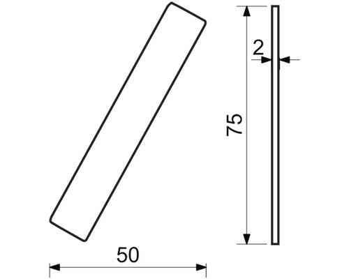 Technický nákres lišty s rozmermi 50, 75 a 2 milimetre