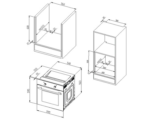 Rozmerový nákres rúry a súvisiacich kuchynských skriniek