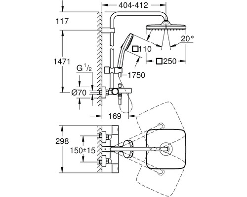 Rozmerový nákres sprchovej armatúry s hornou a ručnou sprchou.