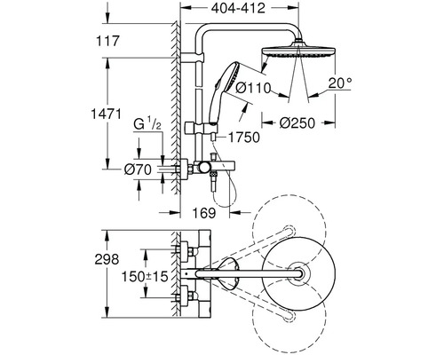 Technický nákres sprchovej súpravy s rozmermi