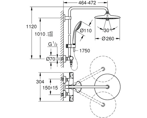 Technický nákres sprchovej batérie s rozmermi