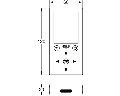 Technický nákres ovládacieho panela Grohe s rozmermi