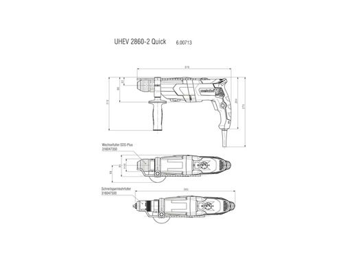 Technický výkres vŕtačky Metabo UHEV 2860-2 Quick s rozmermi