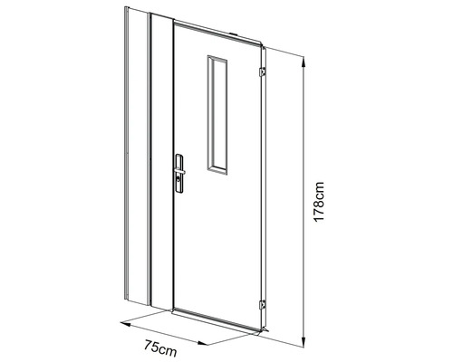 Technický nákres dverí s oknom a rozmermi 178 cm výška a 75 cm šírka.