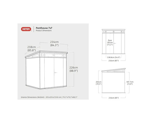 Rozmery produktu Keter Penthouse 7x7 s rozmerovými údajmi
