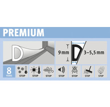 Obrázok tesniaceho profilu v tvare D s rozmermi 9 mm a 3 až 5,5 mm. Tesniaci profil chráni pred chladom, teplom, vetrom, hlukom, hmyzom a prachom a má životnosť 8 rokov.