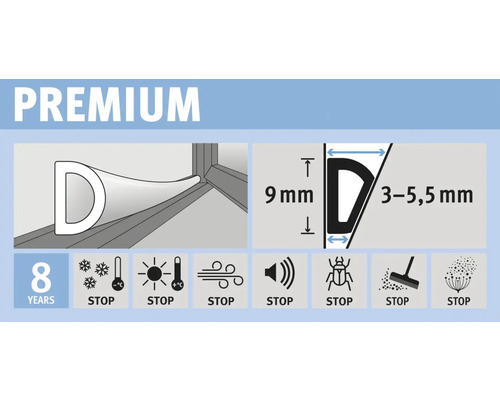 Obrázok tesniaceho profilu v tvare D s rozmermi 9 mm a 3 až 5,5 mm. Tesniaci profil chráni pred chladom, teplom, vetrom, hlukom, hmyzom a prachom a má životnosť 8 rokov.