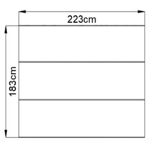 Technický nákres s rozmermi: šírka 223 cm a výška 183 cm.