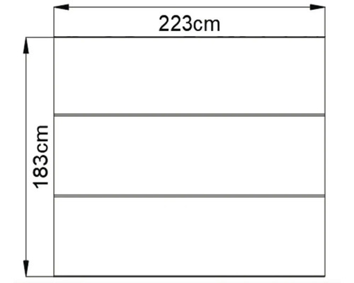 Technický nákres s rozmermi: šírka 223 cm a výška 183 cm.