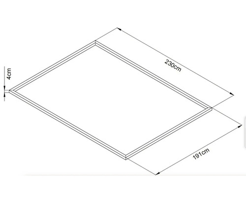 Obrázok obdĺžnikového dreveného rámu s rozmermi 230 cm x 191 cm a hrúbkou rámu 4 cm.