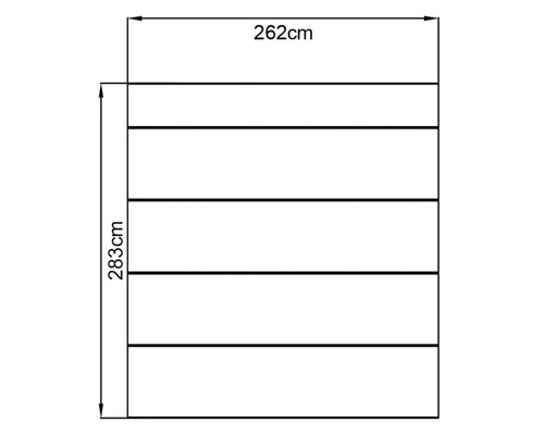Technický nákres s rozmermi: šírka 262 cm a výška 283 cm