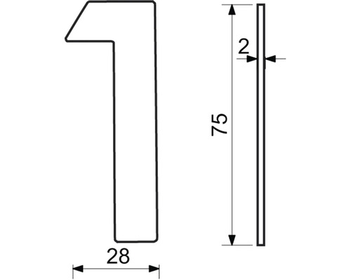 Obrázok domového čísla jeden s rozmermi 75 milimetrov na výšku, 28 milimetrov na šírku a 2 milimetre do hĺbky