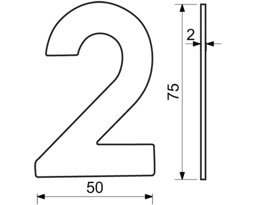 Obrázok rozmerov domového čísla dva s výškou 75 milimetrov, šírkou 50 milimetrov a hĺbkou 2 milimetre.