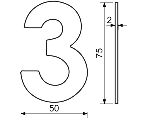 Rozmery domového čísla 3: 75 milimetrov na výšku, 50 milimetrov na šírku a 2 milimetre na hrúbku