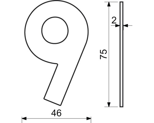 Technický nákres domového čísla deväť s rozmermi