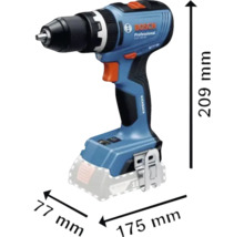 Akumulátorový vŕtací skrutkovač Bosch Professional s rozmermi 209 mm výška, 175 mm dĺžka a 77 mm šírka.