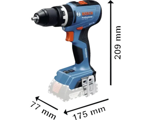 Akumulátorový vŕtací skrutkovač Bosch Professional s rozmermi 209 mm výška, 175 mm dĺžka a 77 mm šírka.