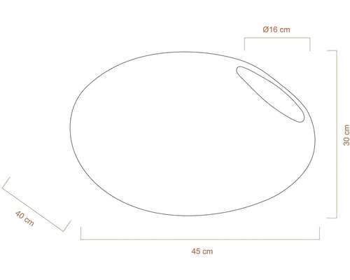 Technický nákres misy s rozmermi 45 x 40 centimetrov a priehlbinou s priemerom 16 centimetrov