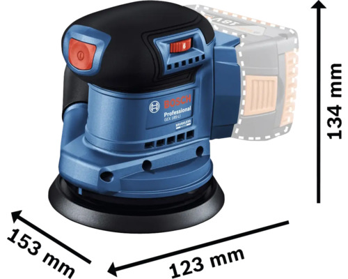 Akumulátorová excentrická brúska Bosch Professional GEX 185-LI s rozmermi