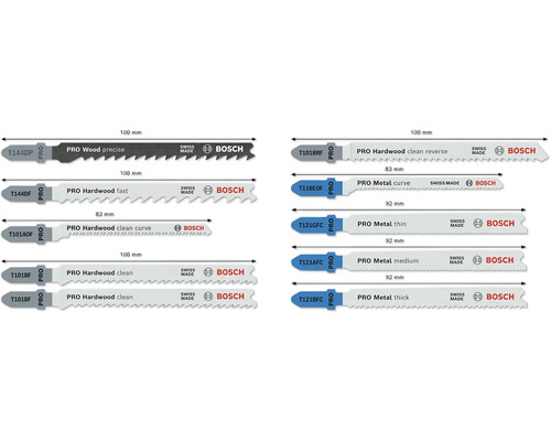 Obrázok rôznych pílových listov na drevo a kov od spoločnosti Bosch