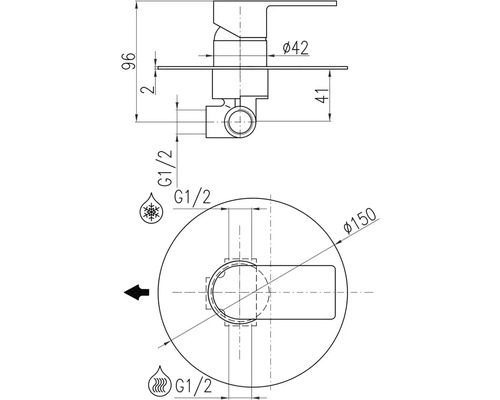 Technický výkres vodovodnej batérie s rozmermi