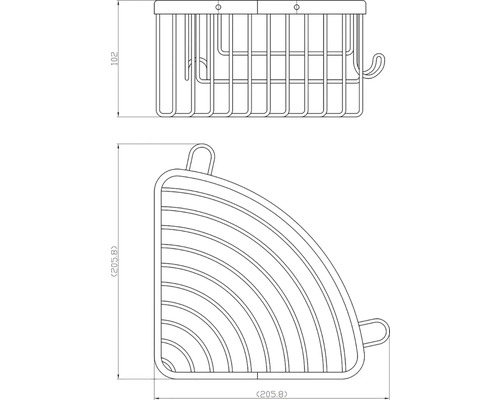 Technický výkres rohovej sprchovej police s rozmermi.